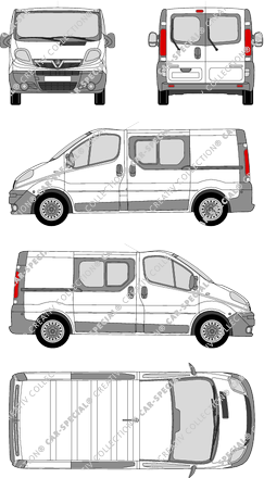 Vauxhall Vivaro, furgón, L1H1, ventana de parte trasera, cabina doble, Rear Wing Doors, 2 Sliding Doors (2006)