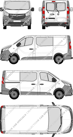 Vauxhall Vivaro, furgón, L1H1, ventana de parte trasera, cabina doble, Rear Wing Doors, 1 Sliding Door (2014)